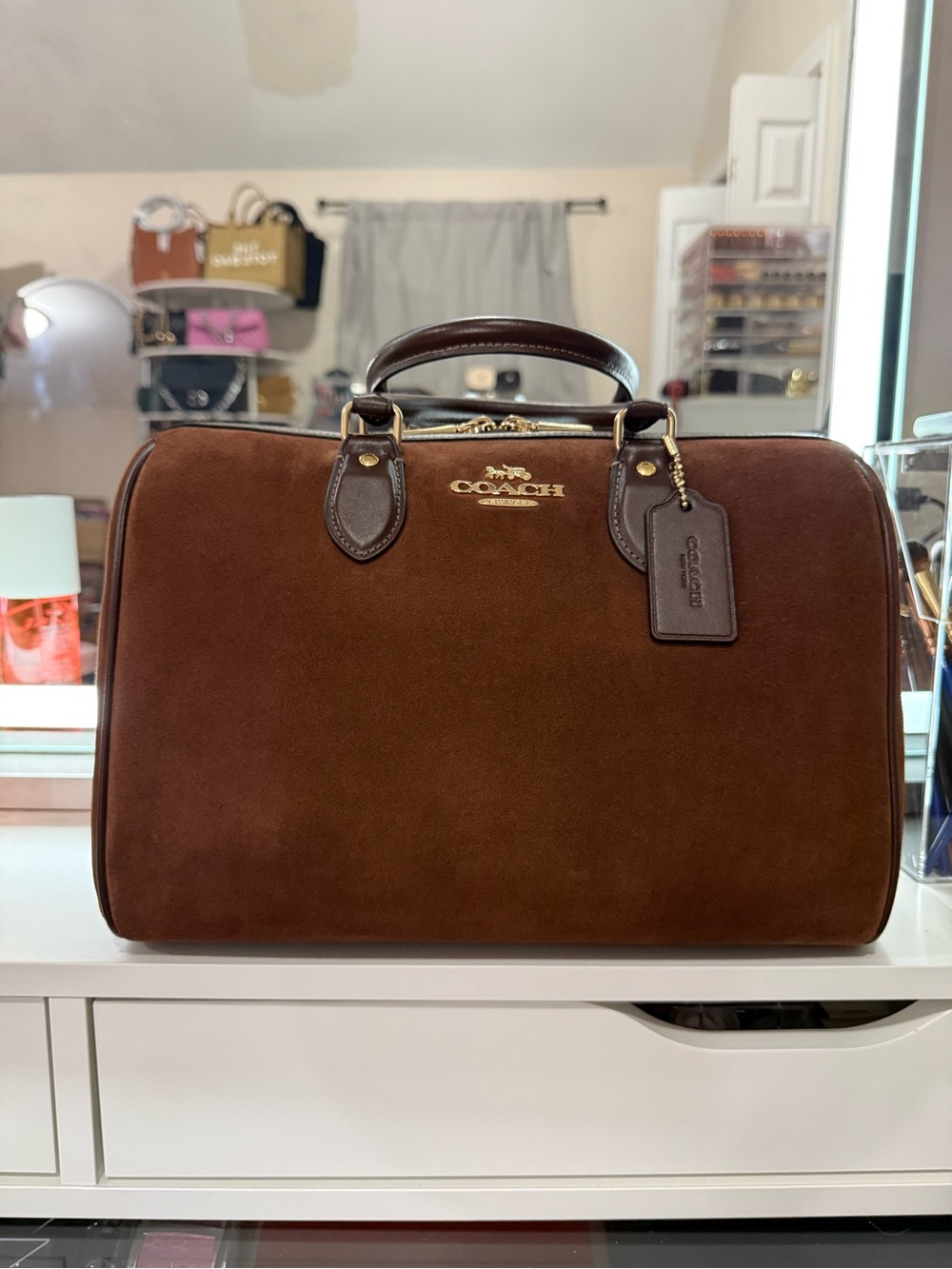 Coach Large Rowan Suede Satchel with Gold Hardware in Vintage Brown